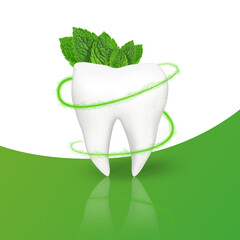Design for dental purposes: White clean shiny 3D tooth with sparkles and green mint leaves on a white and green background. Perfect for any business related to dental treatment. © SorayaShan