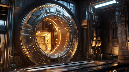 Fototapeta premium Futuristic metallic portal with intricate designs and glowing accents in a sci-fi setting.