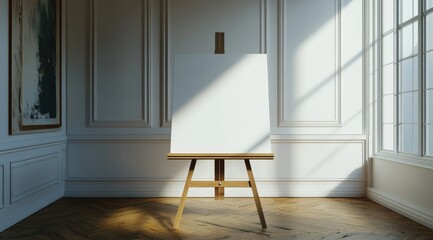 A blank canvas on a wooden easel stands in a sunlit, elegant room with white paneled walls and hardwood floors, near a framed artwork