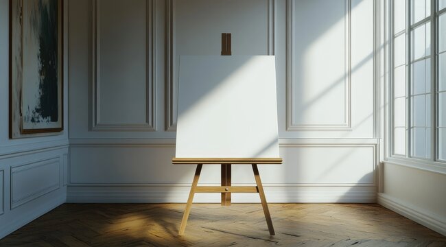 A blank canvas on a wooden easel stands in a sunlit, elegant room with white paneled walls and hardwood floors, near a framed artwork