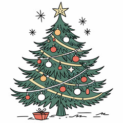 Festive christmas tree decorated with ornaments and gift