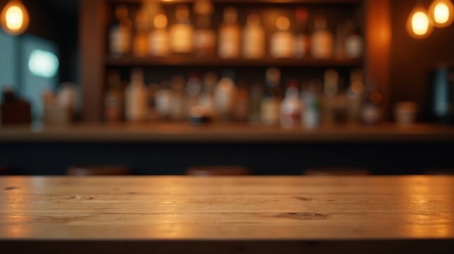 Empty wooden table in front of blurred bar background with warm lighting