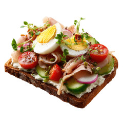 Delicious Open Faced Sandwich with Ham Egg and Vegetables on transparent background
