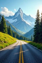 Asphalt Ribbon Unwinding Through Majestic Mountain Scenery, A Journey of Scenic Beauty and Tranquil Exploration