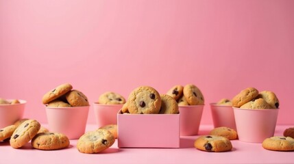 Delightful Chocolate Chip Cookies in Pink Containers and a Gift Box on a Pastel Background