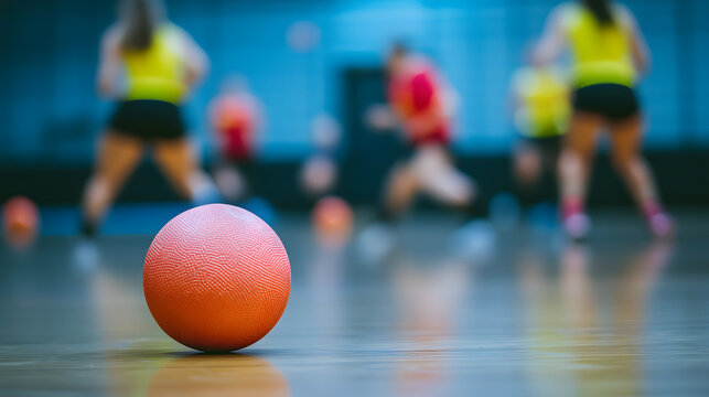 An orange dodgeball on the court with players in the background, engaged in an energetic game.