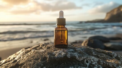 sleek bottle of beauty serum resting on a weathered stone by the beach, with the ocean breeze and endless horizon creating a peaceful, natural feel.