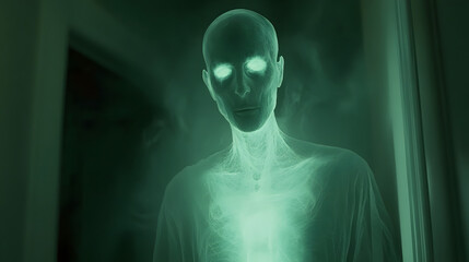 A ghostly figure appears with glowing eyes, surrounded by ethereal mist in a dimly lit room.