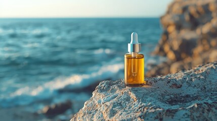 sleek bottle of beauty serum resting on a weathered stone by the beach, with the ocean breeze and endless horizon creating a peaceful, natural feel.