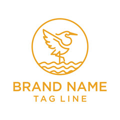 Minimalist line art logo of a heron bird standing in water, enclosed in a circle. Perfect for eco, wildlife, or nature-themed brands with a clean modern aesthetic.