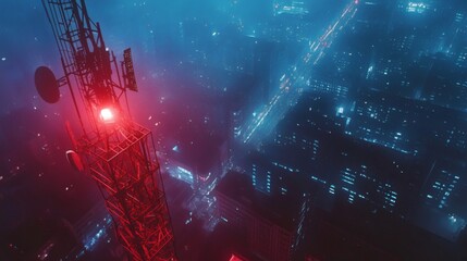 Obraz premium Tower Against Night Sky with Bright Lights Overlooking Cityscape Full of Lights and Connectivity