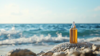 sleek cosmetic oil bottle sitting on a stone amidst the beach, evoking a sense of luxury and wellness with the endless ocean as the perfect backdrop.