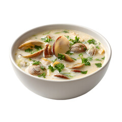 Warm clam chowder photographed under studio lighting using clean white background focusing on smooth surface, fresh clams, and elegant styling