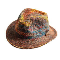 Organic Straw Hat with a Roughly Textured Weave and Colorful Pattern Isolated on Transparent Background