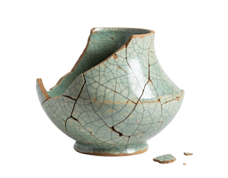 Broken antique ceramic vase pottery restoration concept stoneware isolated on a transparent background 