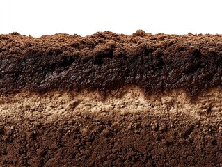 Soil Layers: A cross-section showcasing different strata, textures, and shades of brown earth on white backdrop.