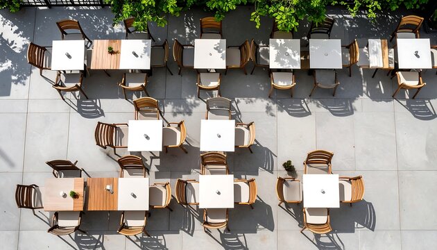 Aerial View of Outdoor Cafe Terrace with Wooden Tables and Chairs