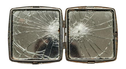 Broken mirror compact shattered glass vintage cosmetic accessory isolated on a transparent background 