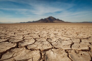 Eye-level shot of Close-up of cracked, dry earth with a distant mountain in the background.