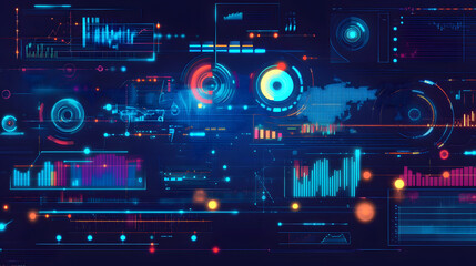 Obraz premium Futuristic data visualization with vibrant neon colors and abstract graphs, evoking a sense of technology and innovation.