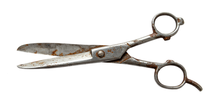 Old rusty scissor cutting tool object isolated on a transparent background 