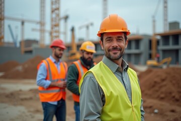 Senior Team Surveying Building Construction Site with Diverse Worksite in the Background