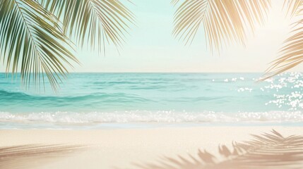 Fototapeta premium Tropical beach scene with palm leaves and ocean waves for relaxation and travel design
