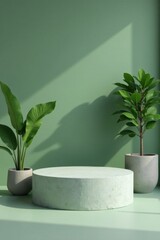 Serene Green Studio Setting with Minimalist Display Platform and Lush Potted Plants