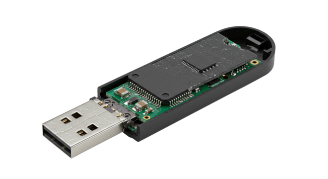 Close up of a usb drive revealing internal circuit board details isolated on a transparent background 