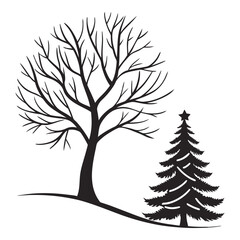 Obraz premium Black and white illustration of a bare winter tree and a christmas tree silhouette