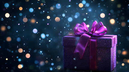 Fototapeta premium A beautifully wrapped purple gift box adorned with a satin ribbon, sparkling against a festive bokeh background.