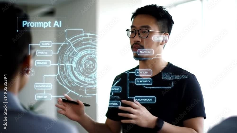 Wall mural programmer presenting coding app, professional pointing at programming interface demonstrating softw