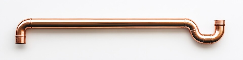 Shiny copper pipe with curved sections. Isolated on white background. Modern industrial design element.
