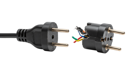 Electrical power cord damaged showing wires exposed for safety tips isolated on a transparent background 