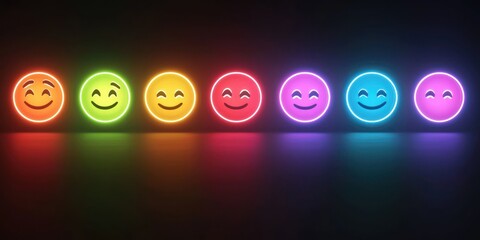 Gradient neon emoji scale from happy to sad on black background