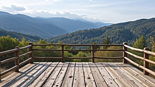 the rough hewn planks of the elevated platform create a sense of rustic charm, contrasting with the vastness of the natural world beyond.