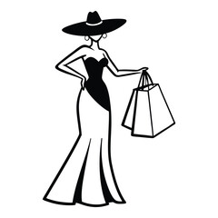 Elegant woman silhouette in a stylish hat holding shopping bags vector illustration