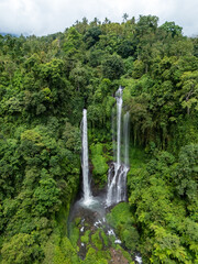 View from above real time aerial drone  Sekumpul waterfall is located in Lemukih village, Singaraja, Bali, Indonesia