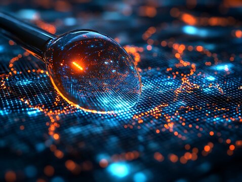 Illuminated fiber optic cable connection with bright light trails network - Powered by Adobe