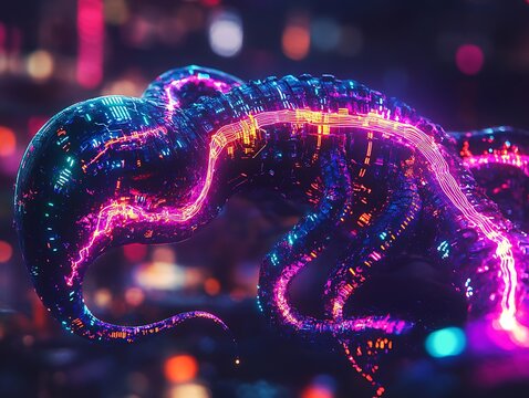 Futuristic creature emerging with neon glow and intricate circuitry details