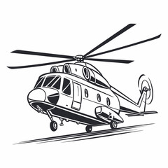 Powerful helicopter in flight black and white illustration