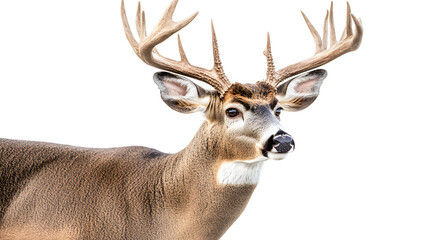 Fototapeta premium A majestic male white-tailed deer with a prominent rack of antlers stands gracefully against a white background.