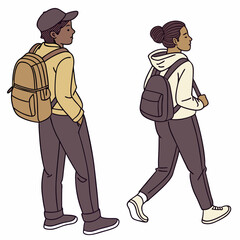 Diverse students walking with backpacks transparent background