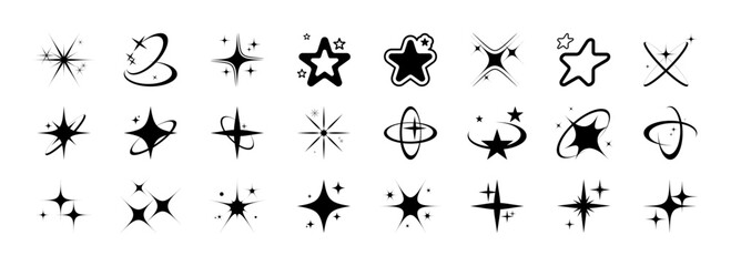 Aesthetic black sparkle y2k icon, sign set. Stars, sparks, shine, galaxy, starburst retro collection. Design shiny elements, shapes for a poster, banner, background,  stickers. Vector illustration.