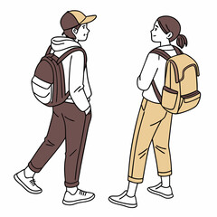 Students with backpacks walking and talking illustration