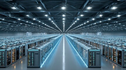 Overhead View of Massive Data Center Floor with Server Racks