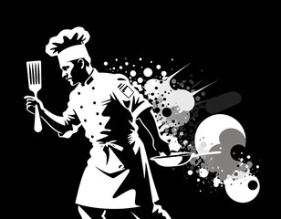 Chef in Action Black and White Culinary Art- Bold Illustration of a Chef Cooking with Style- Modern Kitchen Design for Food Lovers and Restaurant Decor