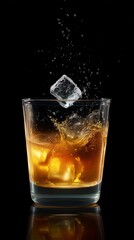 A refreshing cocktail splashes in a clear glass. Ice cubes fall into the amber liquid creating droplets. This image captures the essence of relaxation and enjoyment. AI
