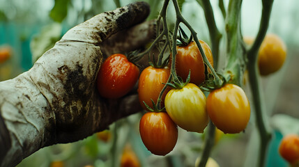 A hand with soil-stained gloves carefully picks ripe red and yellow tomatoes from a vine in a lush greenhouse.