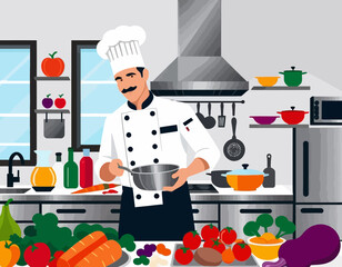 Chef Preparing Food in Kitchen Illustration - Professional Cook with Fresh Vegetables - Culinary Arts and Healthy Eating Concept-Cooking Passion